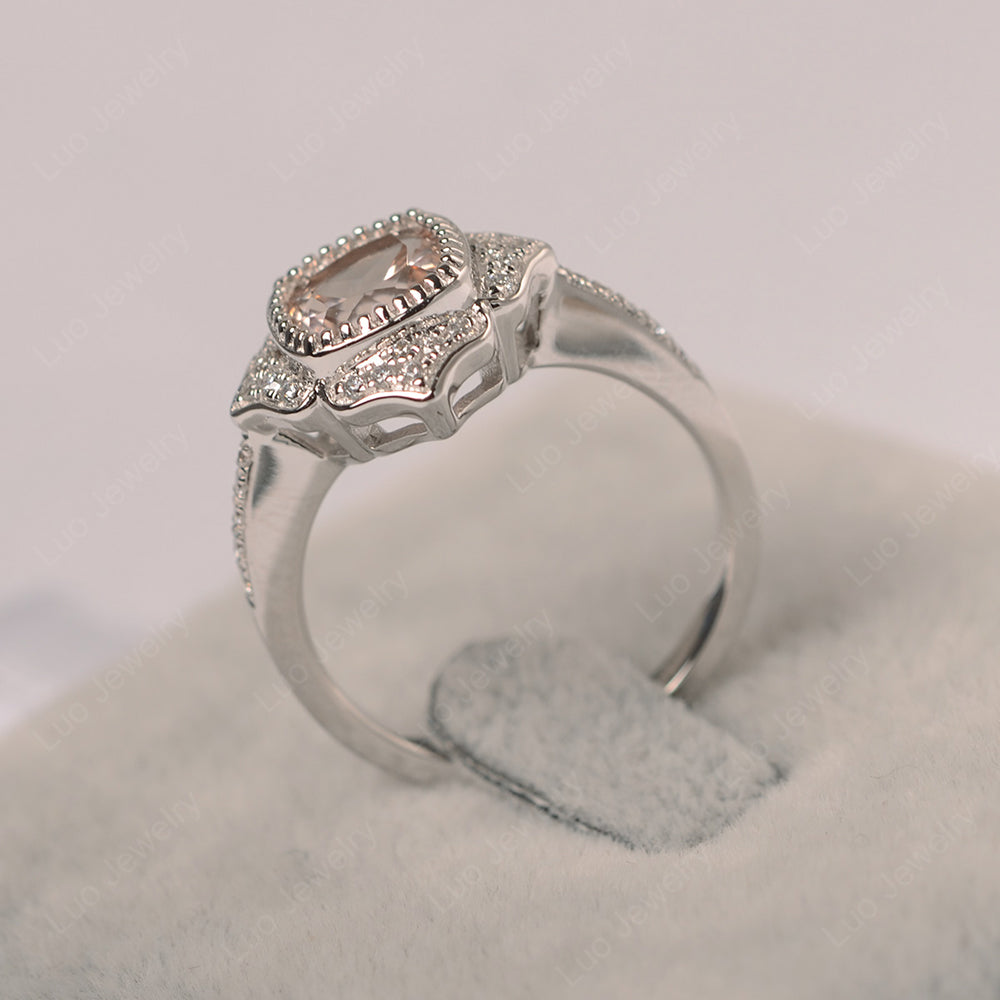 Morganite Ring Cushion Cut Bezel Set Halo Ring - LUO Jewelry