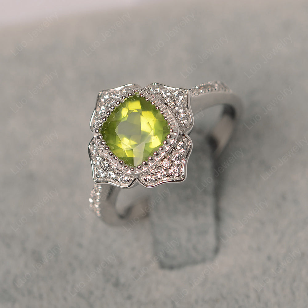 Peridot Ring Cushion Cut Bezel Set Halo Ring - LUO Jewelry