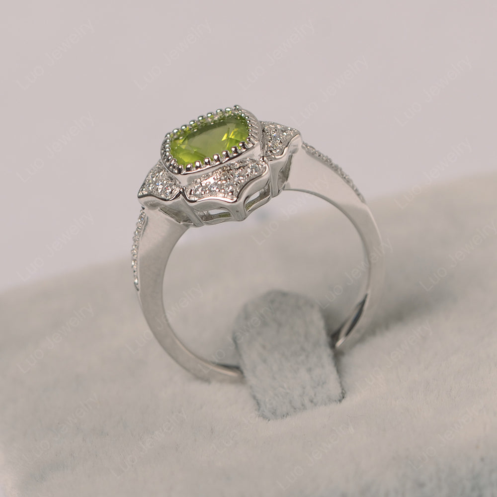 Peridot Ring Cushion Cut Bezel Set Halo Ring - LUO Jewelry