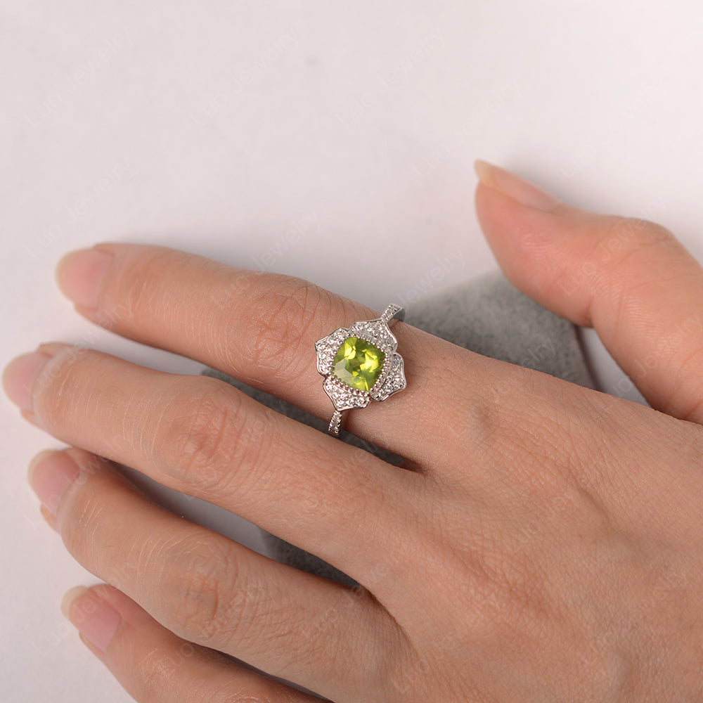 Peridot Ring Cushion Cut Bezel Set Halo Ring - LUO Jewelry