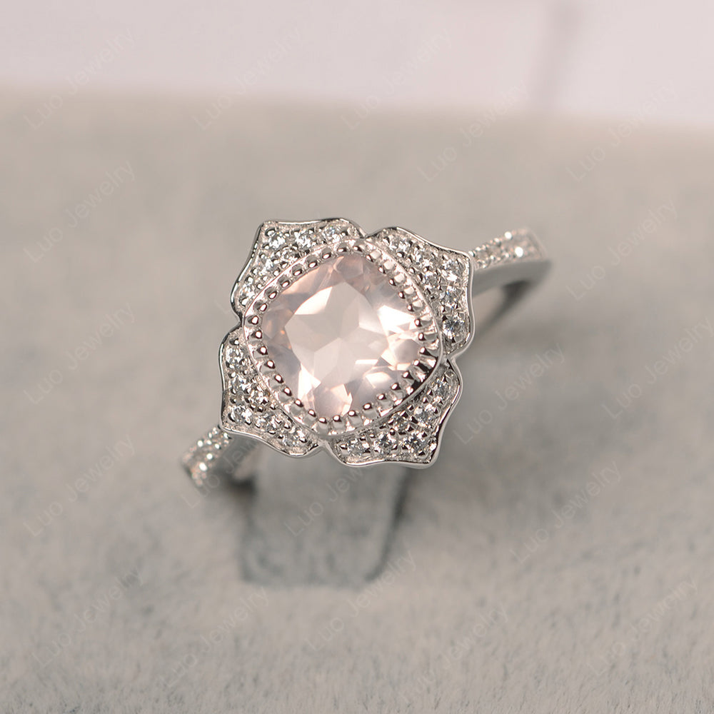 Rose Quartz Ring Cushion Cut Bezel Set Halo Ring - LUO Jewelry