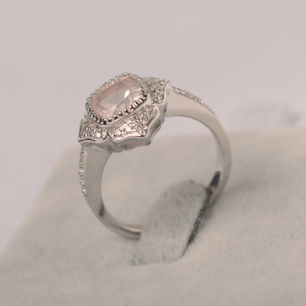 Rose Quartz Ring Cushion Cut Bezel Set Halo Ring - LUO Jewelry