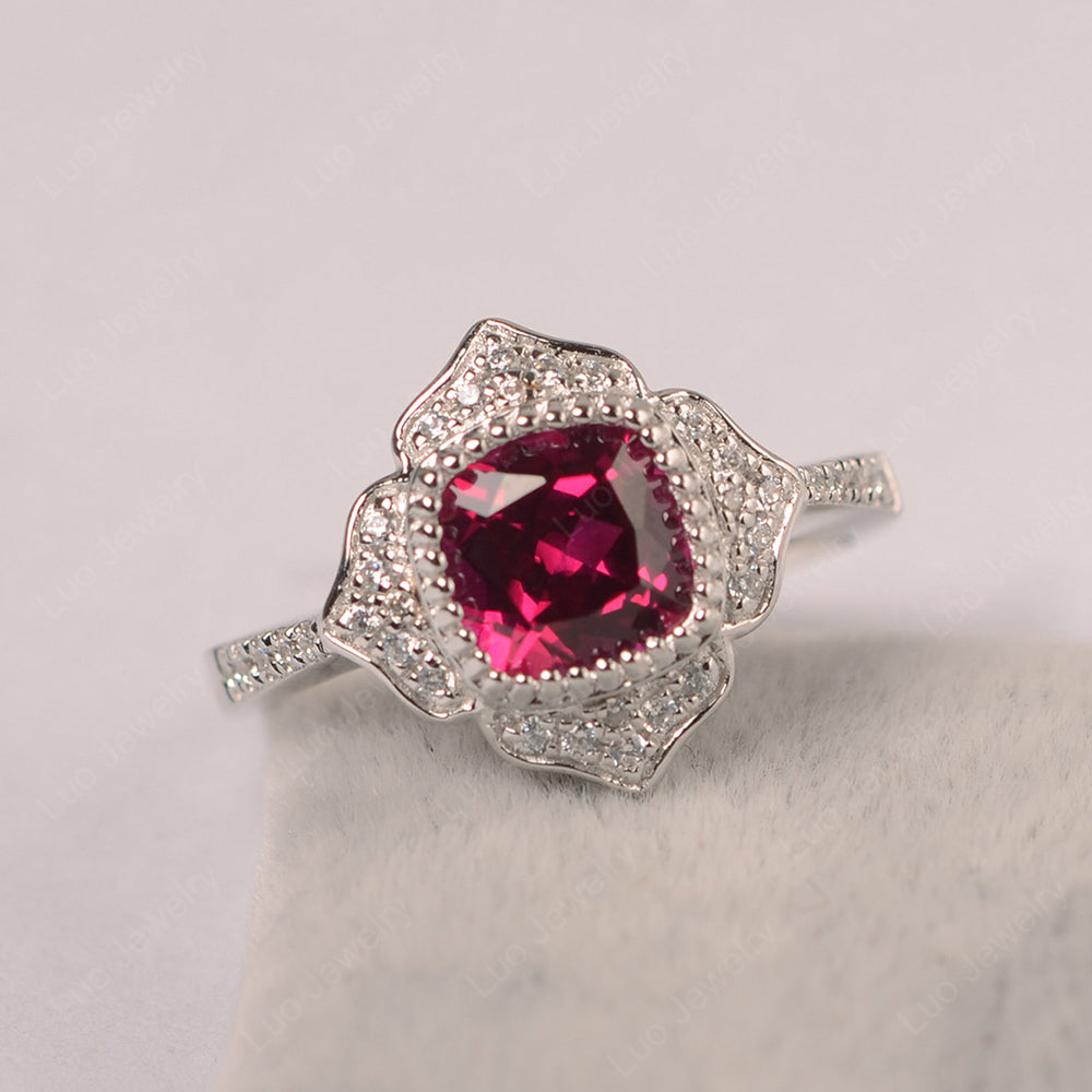 Ruby Ring Cushion Cut Bezel Set Halo Ring - LUO Jewelry