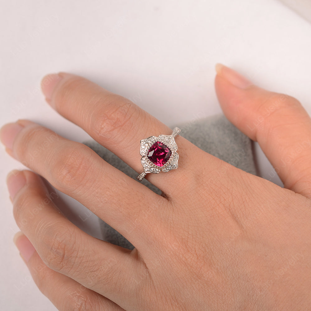 Ruby Ring Cushion Cut Bezel Set Halo Ring - LUO Jewelry