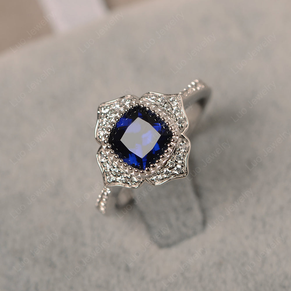Lab Sapphire Ring Cushion Cut Bezel Set Halo Ring - LUO Jewelry