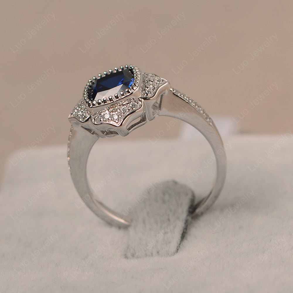 Lab Sapphire Ring Cushion Cut Bezel Set Halo Ring - LUO Jewelry