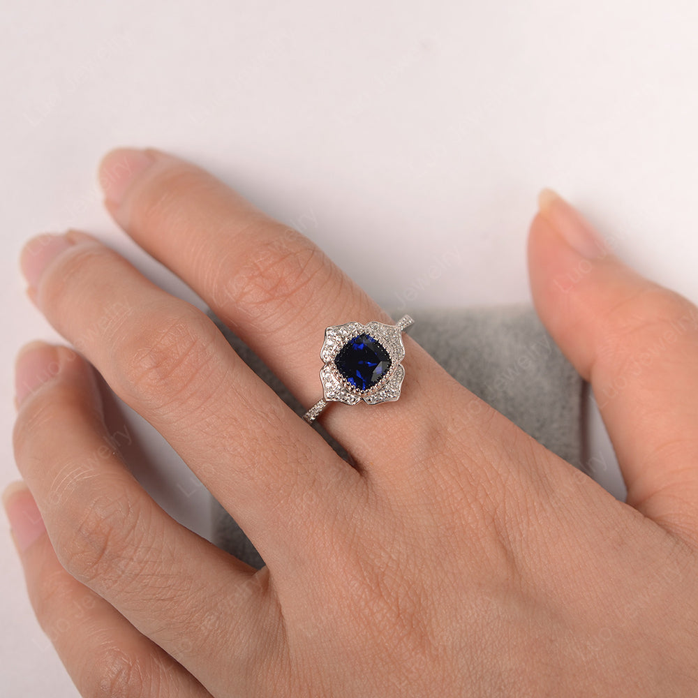 Lab Sapphire Ring Cushion Cut Bezel Set Halo Ring - LUO Jewelry