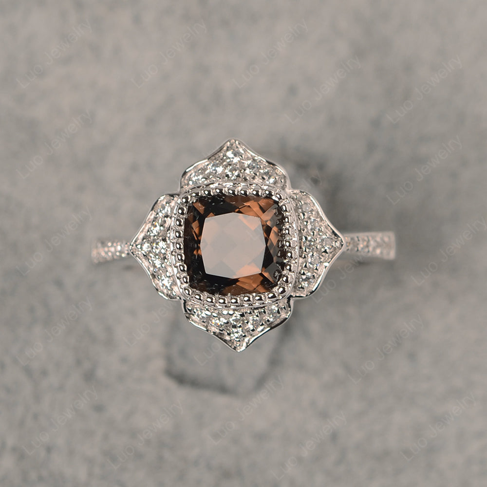 Smoky Quartz  Ring Cushion Cut Bezel Set Halo Ring - LUO Jewelry