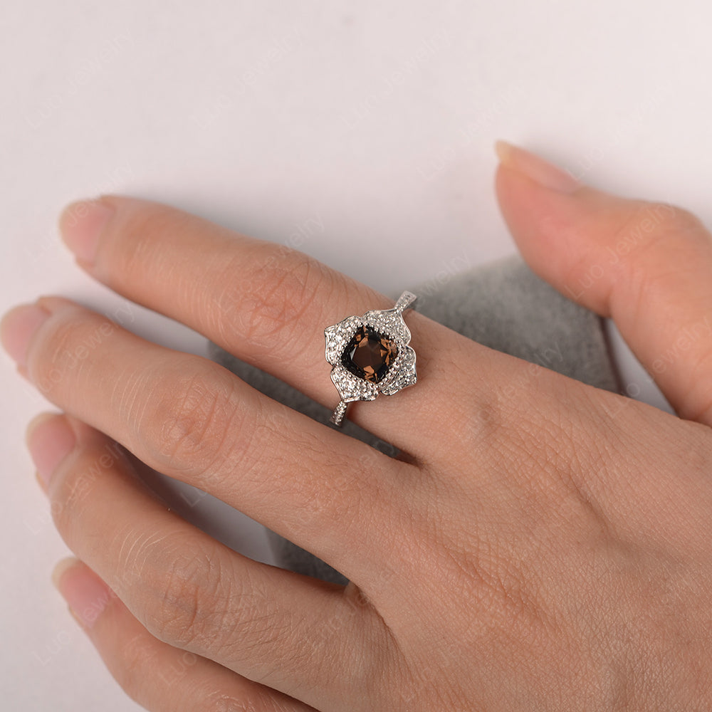 Smoky Quartz  Ring Cushion Cut Bezel Set Halo Ring - LUO Jewelry