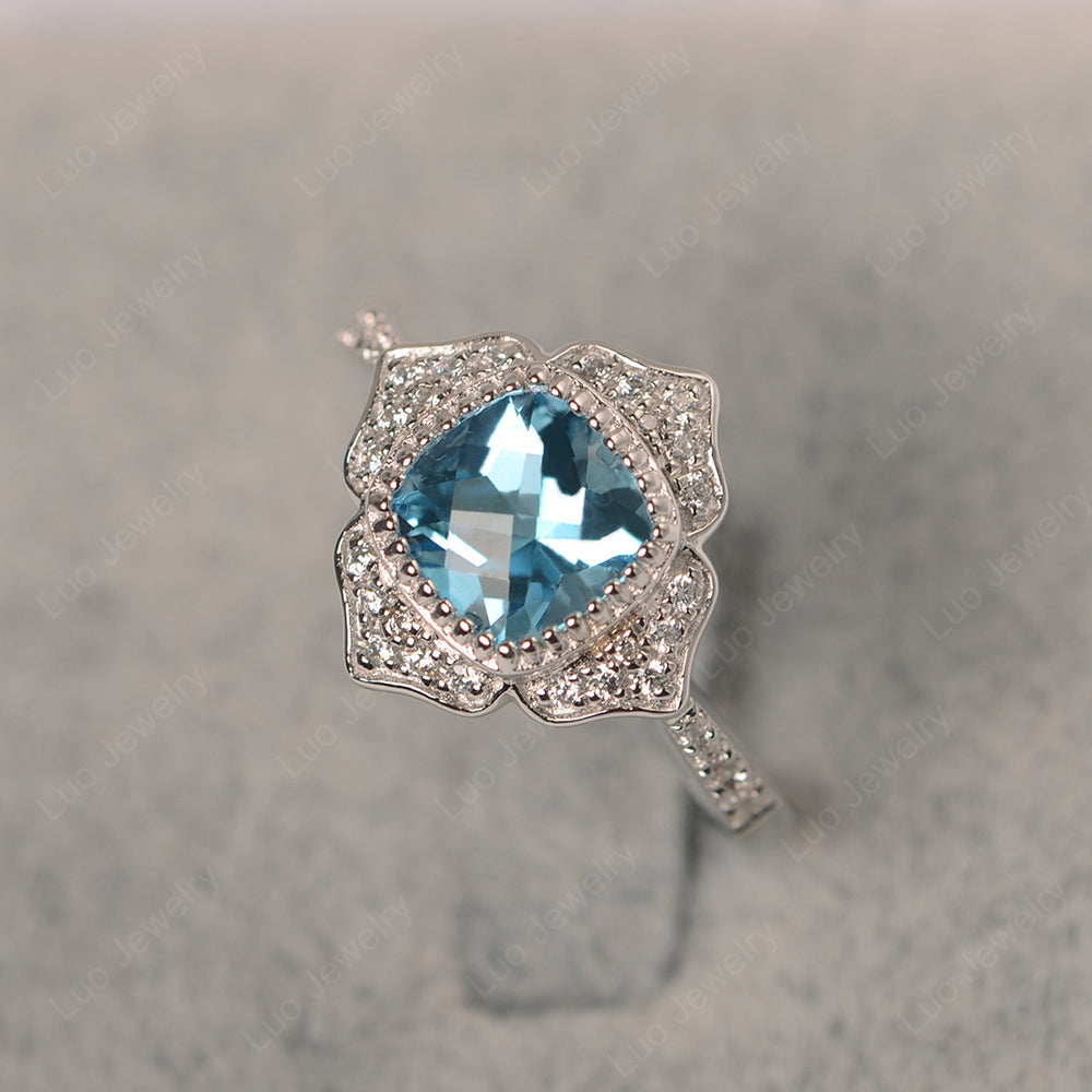 Swiss Blue Topaz Ring Cushion Cut Bezel Set Halo Ring - LUO Jewelry