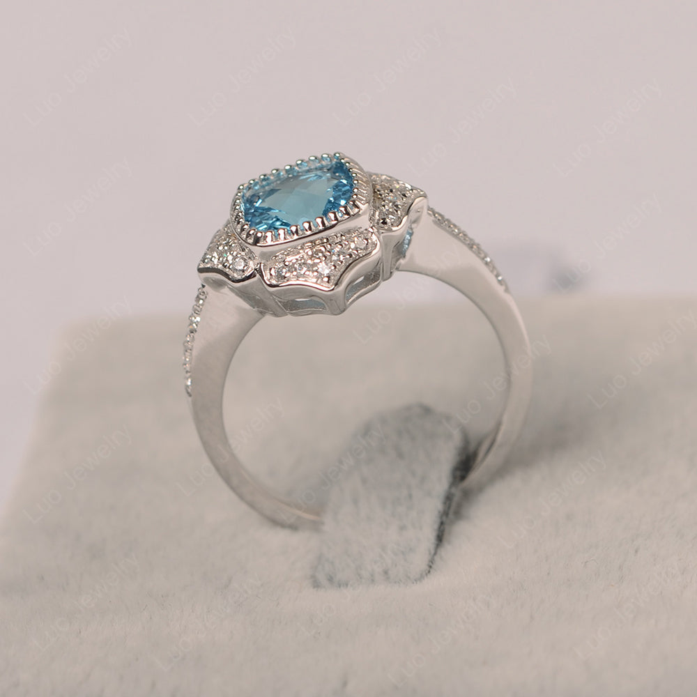 Swiss Blue Topaz Ring Cushion Cut Bezel Set Halo Ring - LUO Jewelry