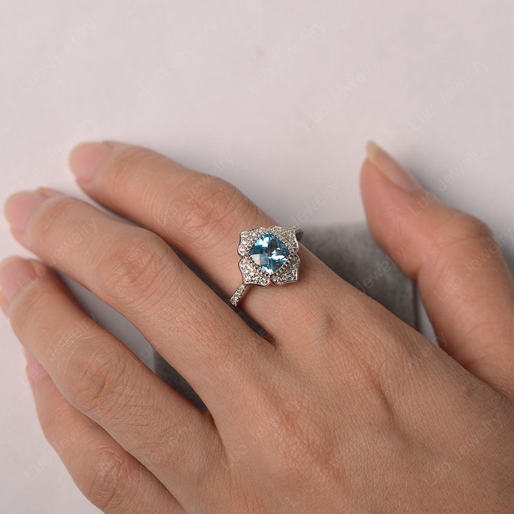 Swiss Blue Topaz Ring Cushion Cut Bezel Set Halo Ring - LUO Jewelry