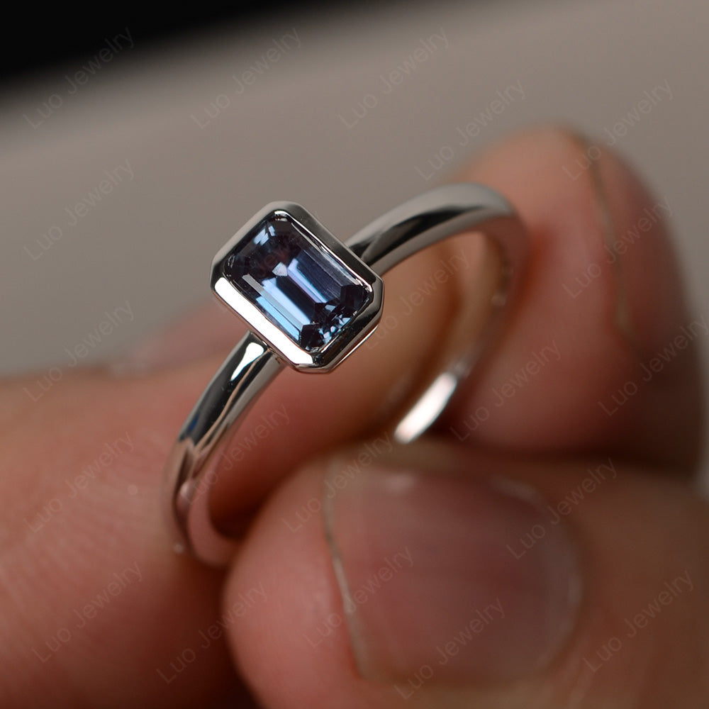 Emerald Cut Alexandrite Solitaire Ring Bezel Set - LUO Jewelry