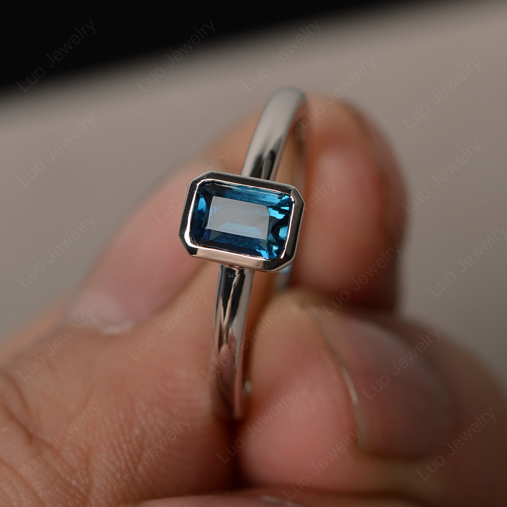 Emerald Cut London Blue Topaz Solitaire Ring Bezel Set - LUO Jewelry