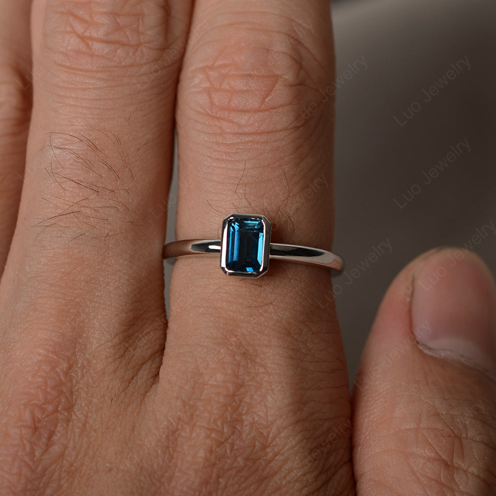 Emerald Cut London Blue Topaz Solitaire Ring Bezel Set - LUO Jewelry