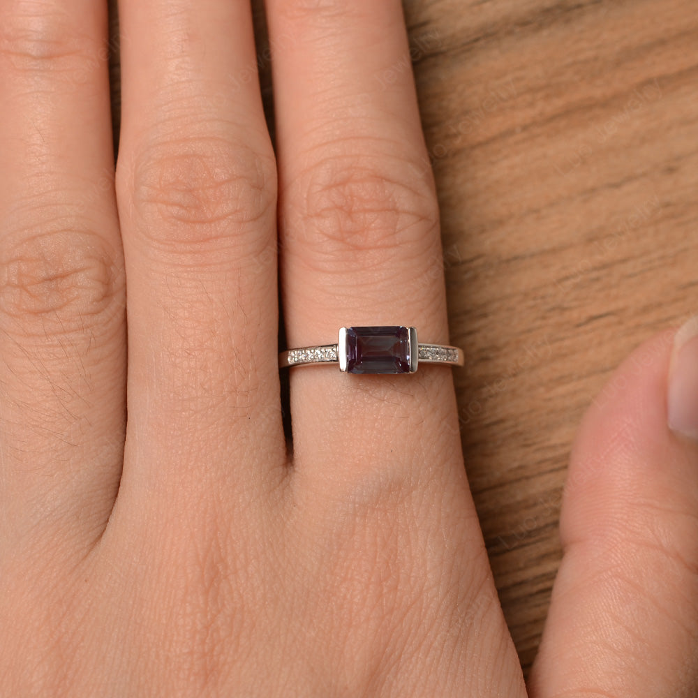 East West Emerald Cut Alexandrite Wedding Ring - LUO Jewelry