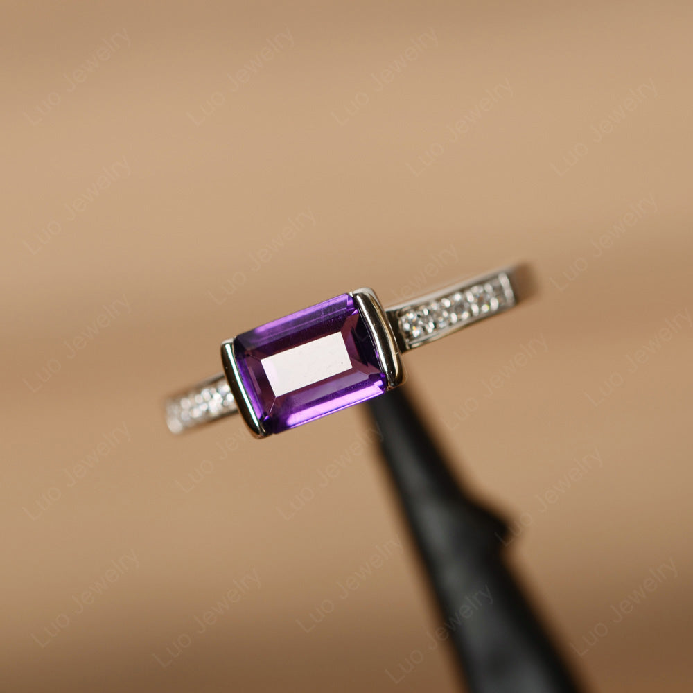 East West Emerald Cut Amethyst Wedding Ring - LUO Jewelry