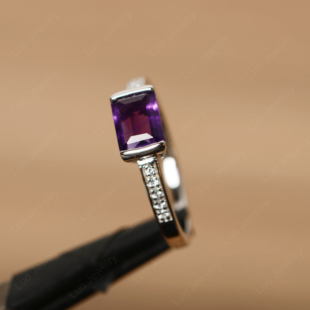 East West Emerald Cut Amethyst Wedding Ring - LUO Jewelry