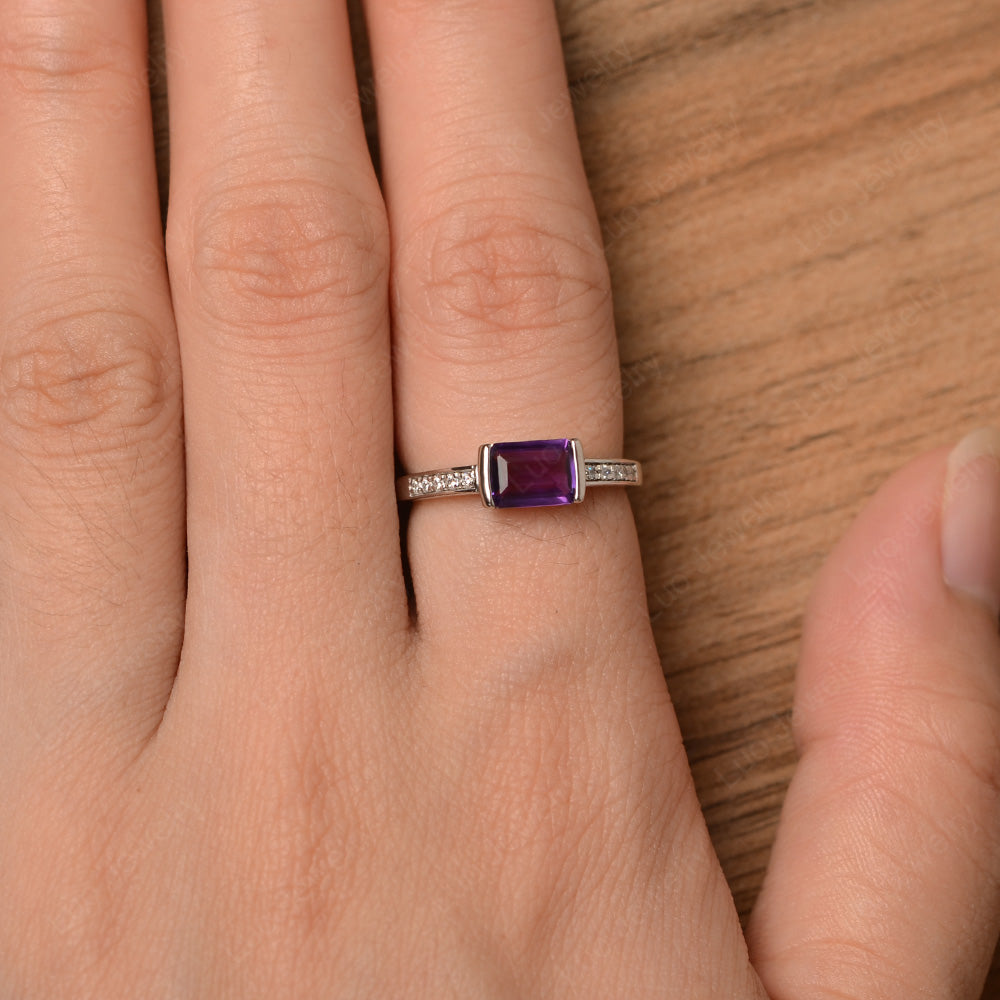 East West Emerald Cut Amethyst Wedding Ring - LUO Jewelry