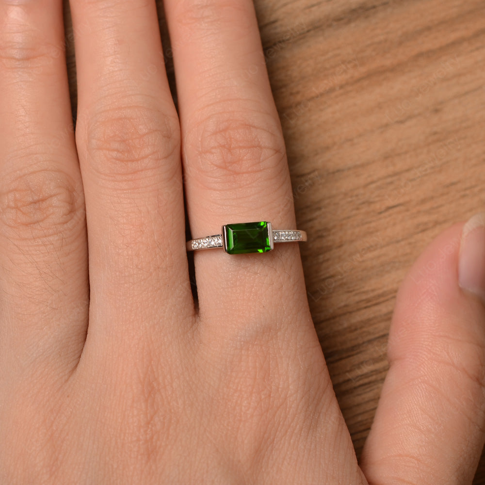 East West Emerald Cut Diopside Wedding Ring - LUO Jewelry