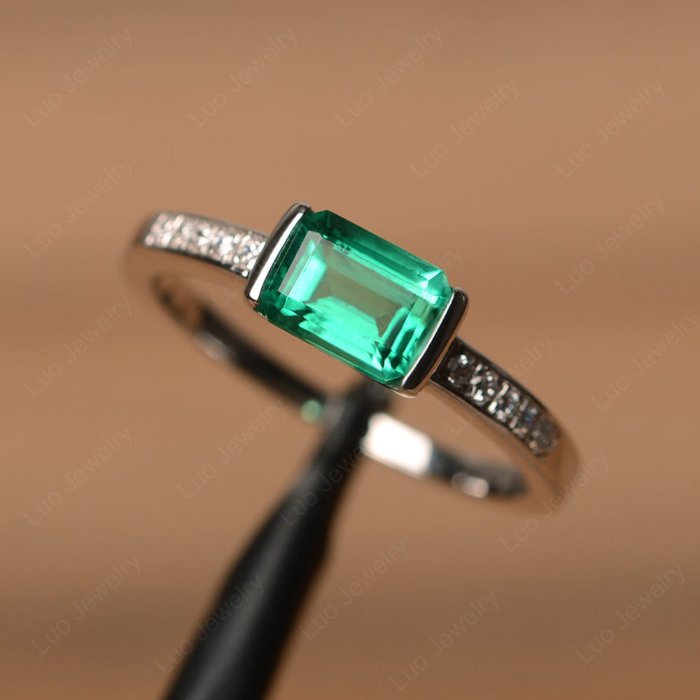 East West Emerald Cut Lab Emerald Wedding Ring - LUO Jewelry