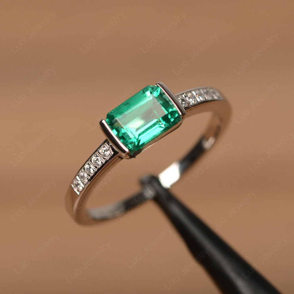 East West Emerald Cut Lab Emerald Wedding Ring - LUO Jewelry