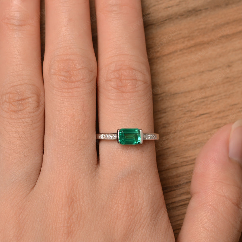 East West Emerald Cut Lab Emerald Wedding Ring - LUO Jewelry