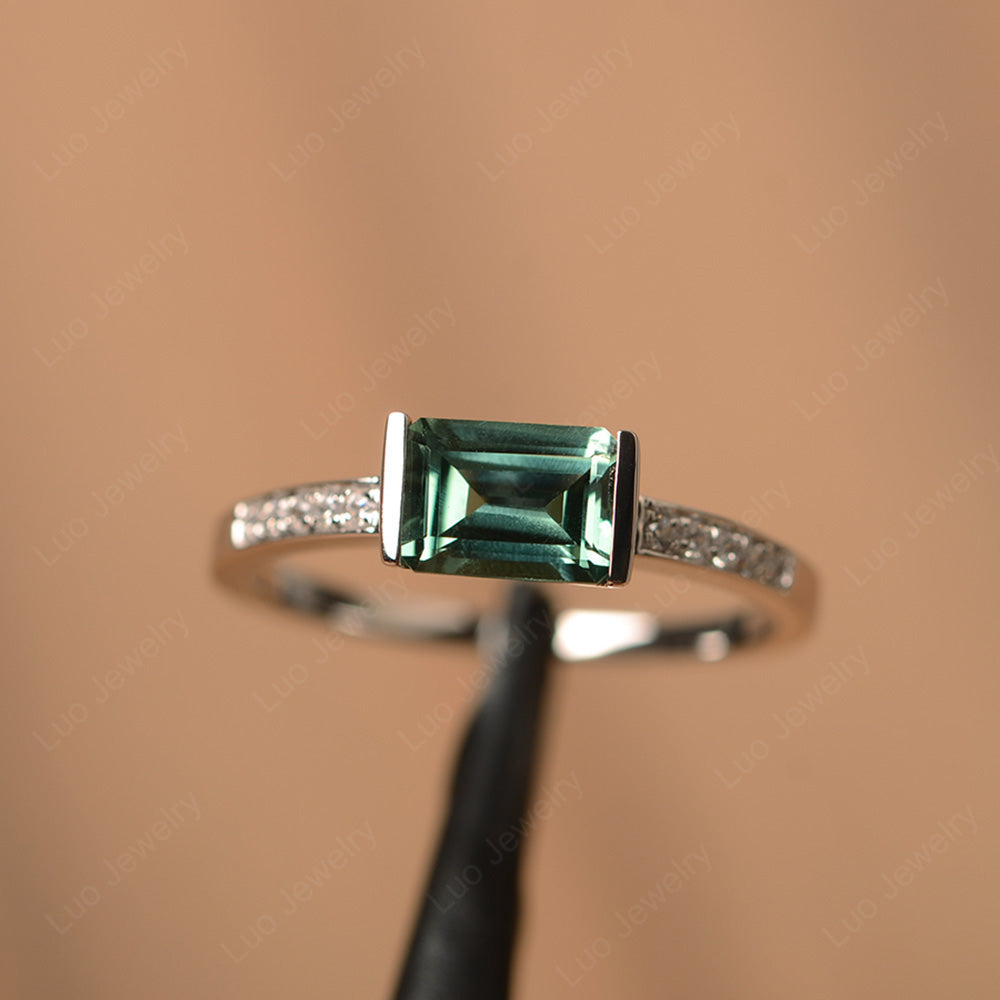 East West Emerald Cut Green Sapphire Wedding Ring - LUO Jewelry