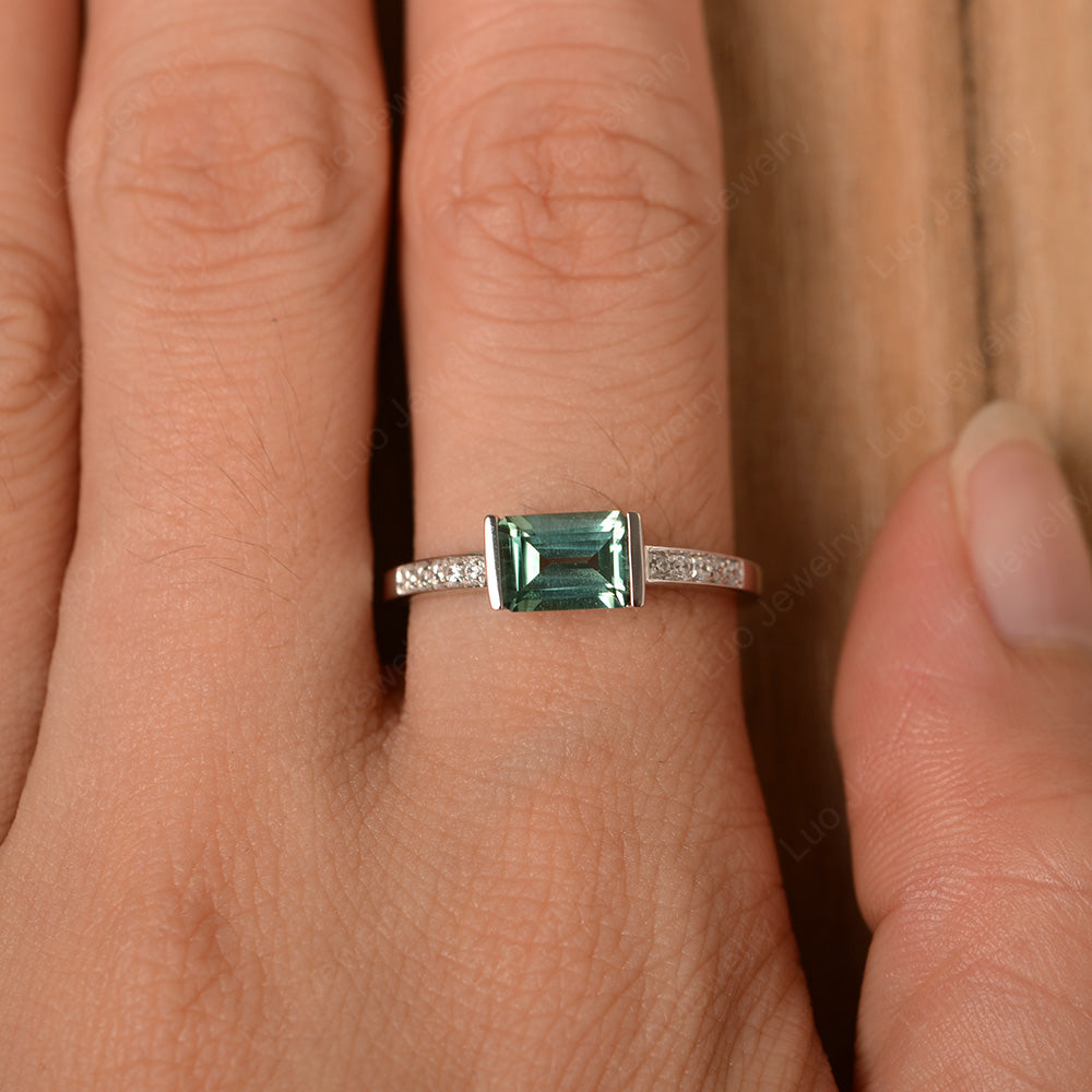 East West Emerald Cut Green Sapphire Wedding Ring - LUO Jewelry