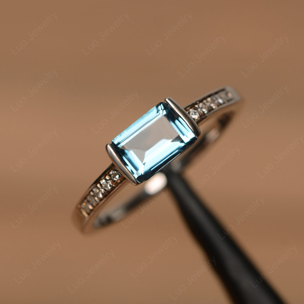 East West Emerald Cut London Blue Topaz Wedding Ring - LUO Jewelry