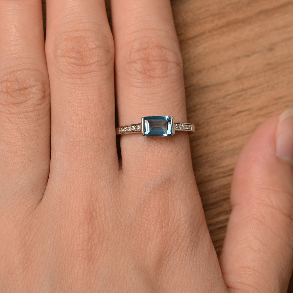 East West Emerald Cut London Blue Topaz Wedding Ring - LUO Jewelry