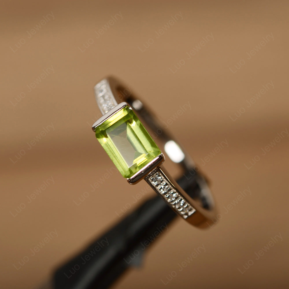 East West Emerald Cut Peridot Wedding Ring - LUO Jewelry