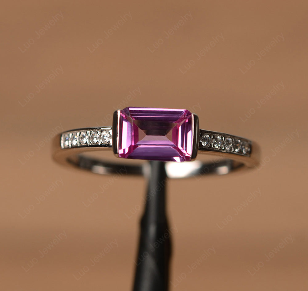 East West Emerald Cut Pink Sapphire Wedding Ring - LUO Jewelry