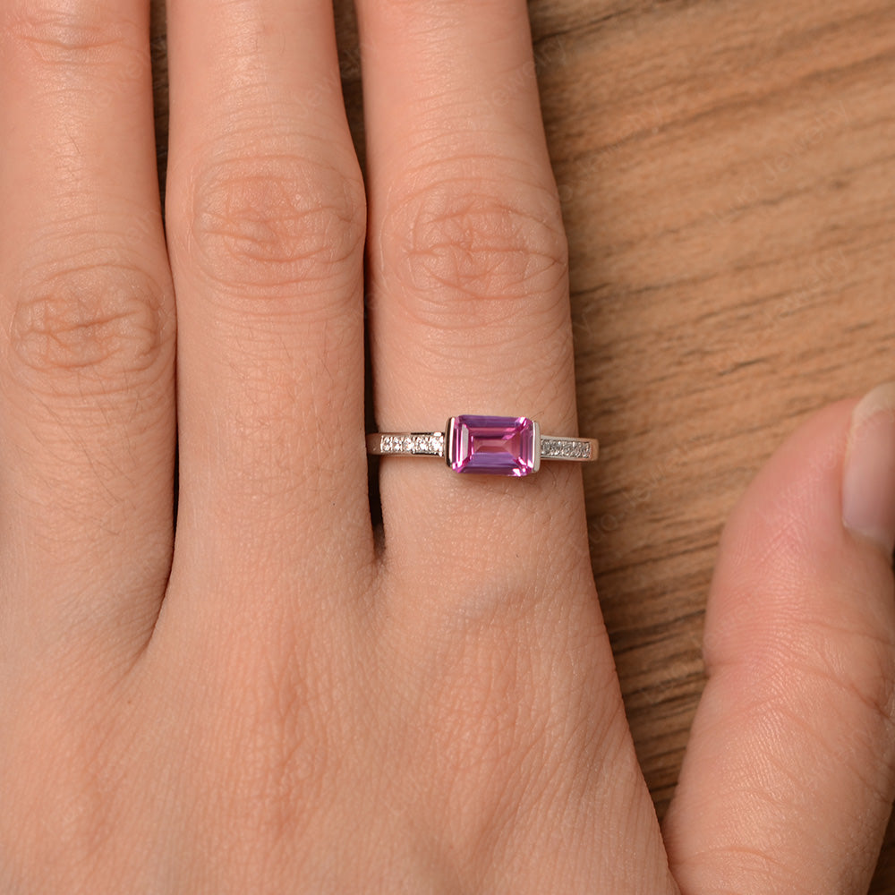 East West Emerald Cut Pink Sapphire Wedding Ring - LUO Jewelry