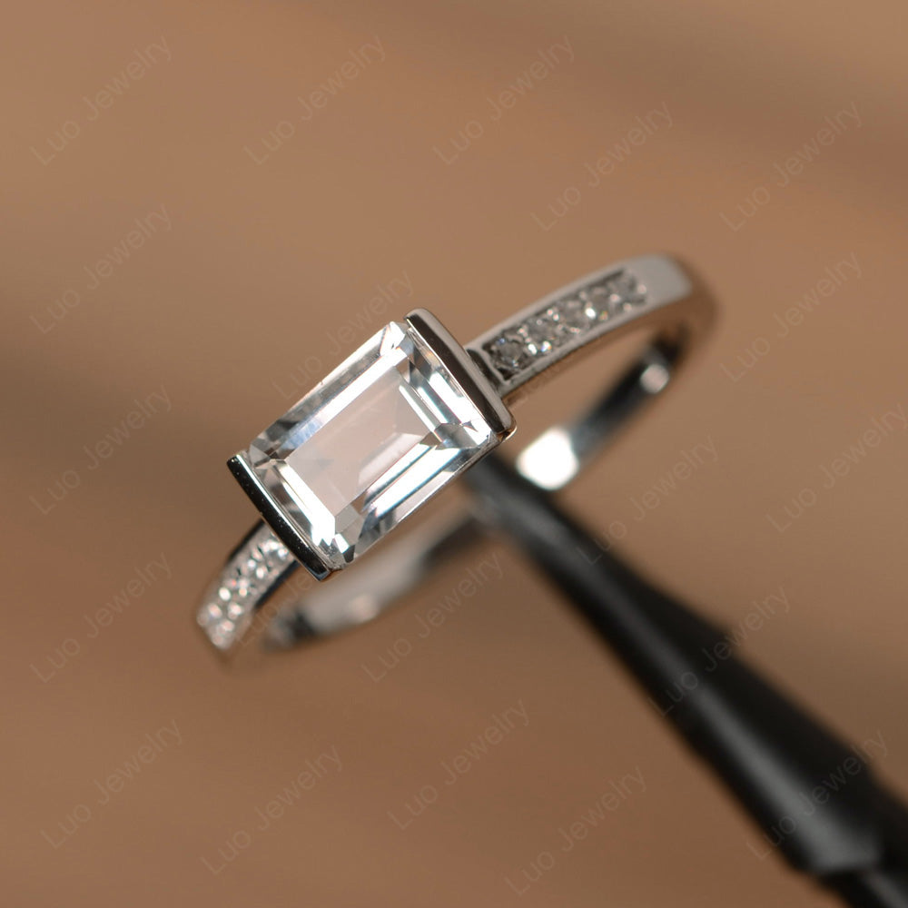 East West Emerald Cut White Topaz Wedding Ring - LUO Jewelry