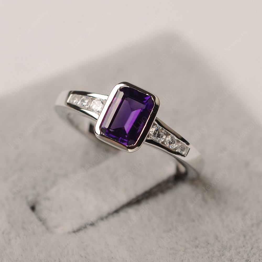 Emerald Cut Amethyst Bezel Set Ring White Gold - LUO Jewelry