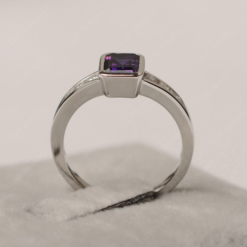 Emerald Cut Amethyst Bezel Set Ring White Gold - LUO Jewelry
