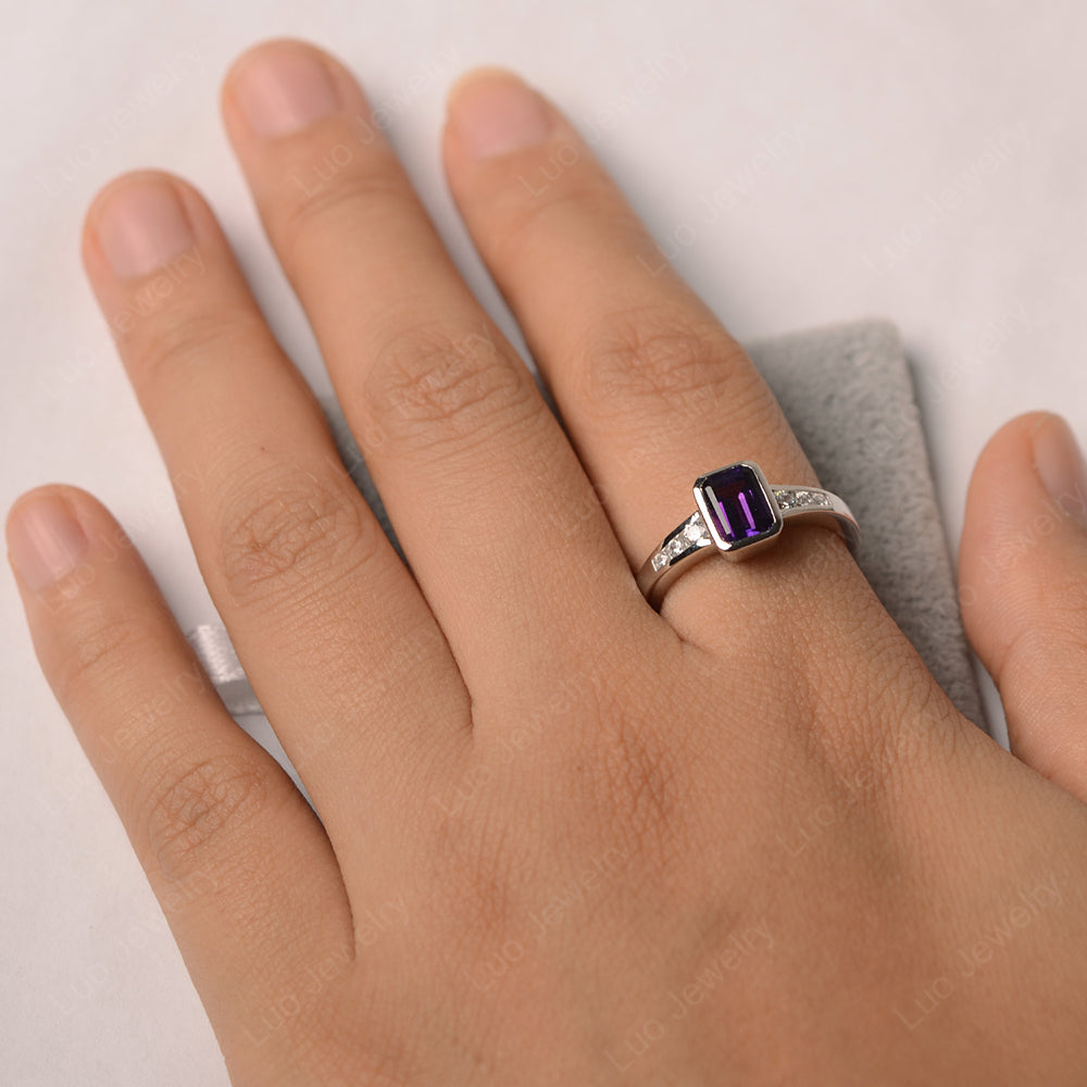 Emerald Cut Amethyst Bezel Set Ring White Gold - LUO Jewelry