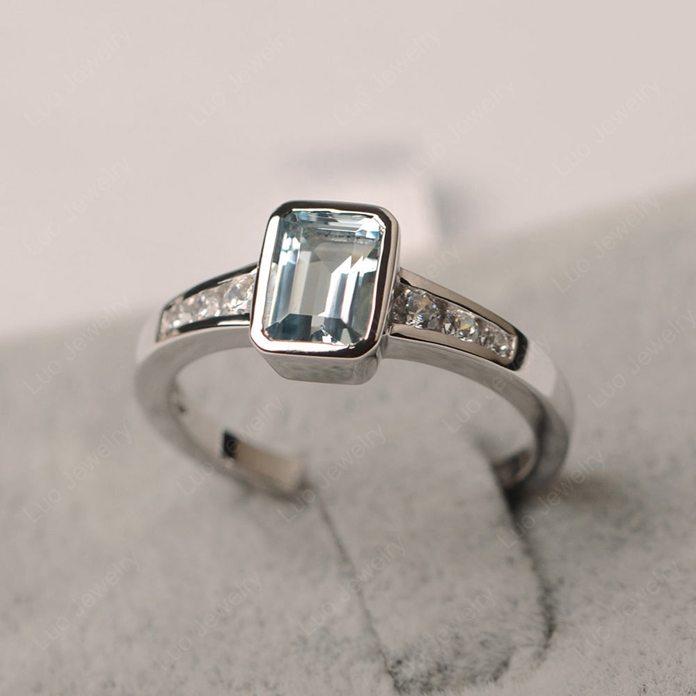 Emerald Cut Aquamarine Bezel Set Ring White Gold - LUO Jewelry