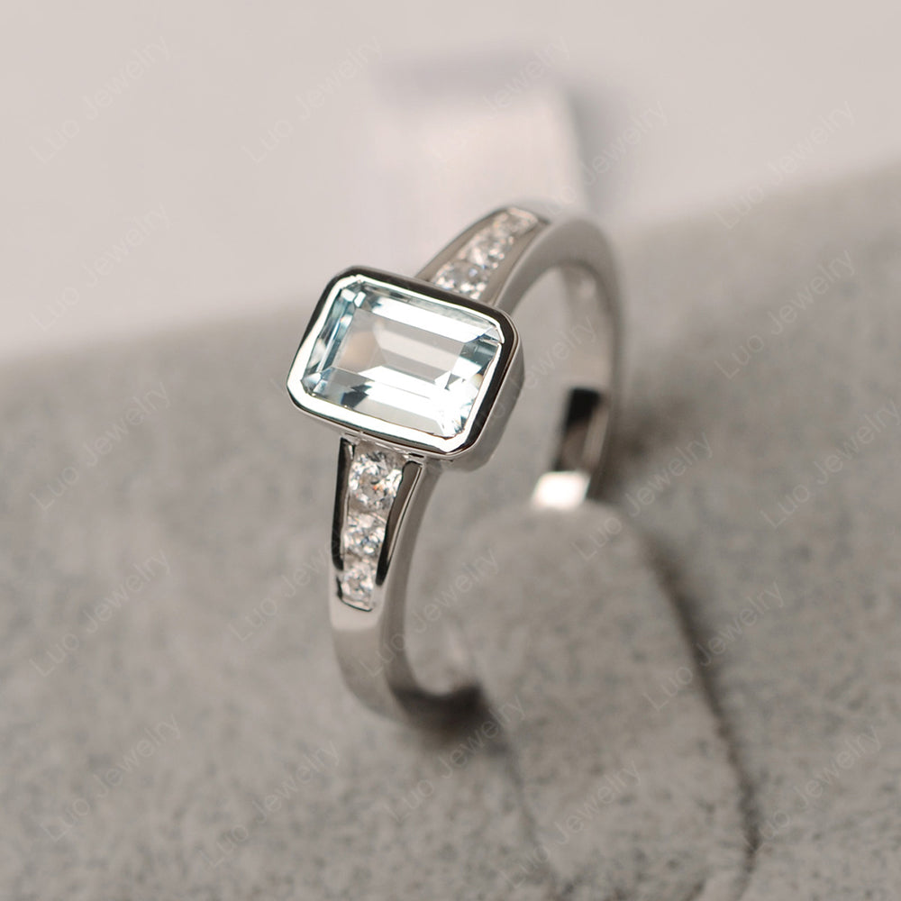 Emerald Cut Aquamarine Bezel Set Ring White Gold - LUO Jewelry