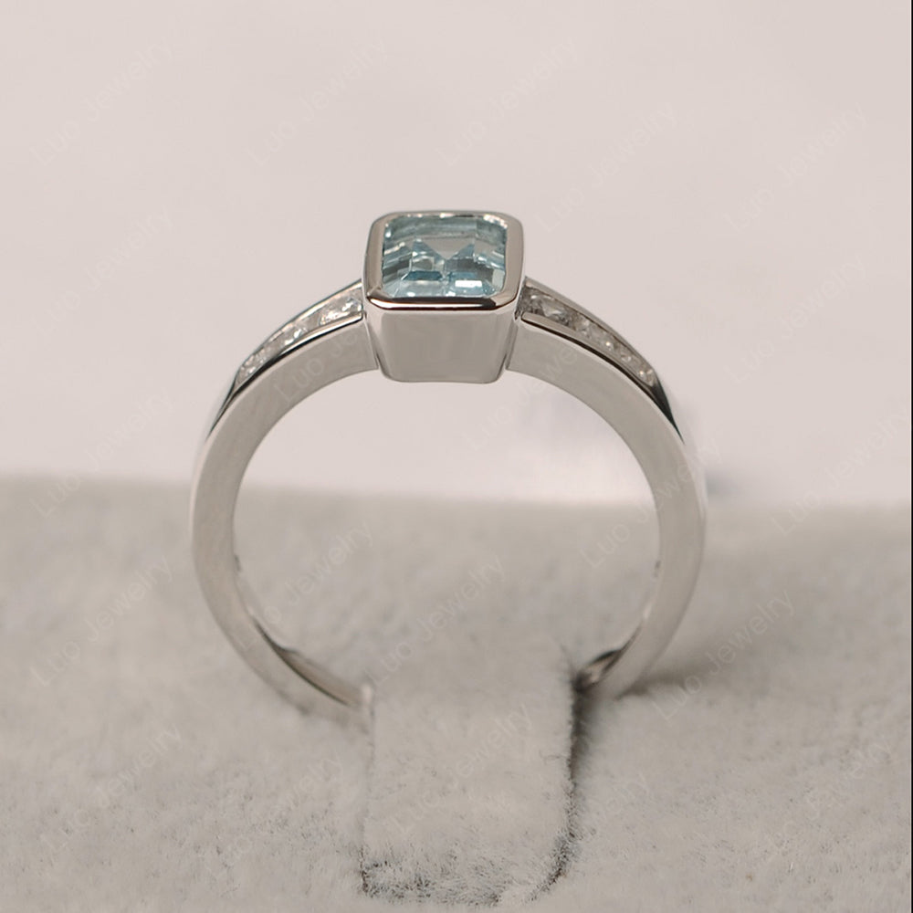 Emerald Cut Aquamarine Bezel Set Ring White Gold - LUO Jewelry