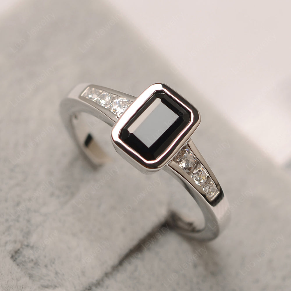 Emerald Cut Black Spinel Bezel Set Ring White Gold - LUO Jewelry