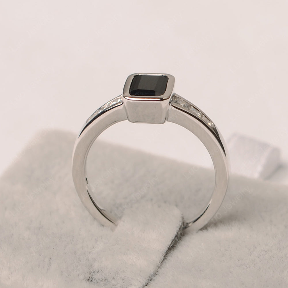 Emerald Cut Black Spinel Bezel Set Ring White Gold - LUO Jewelry