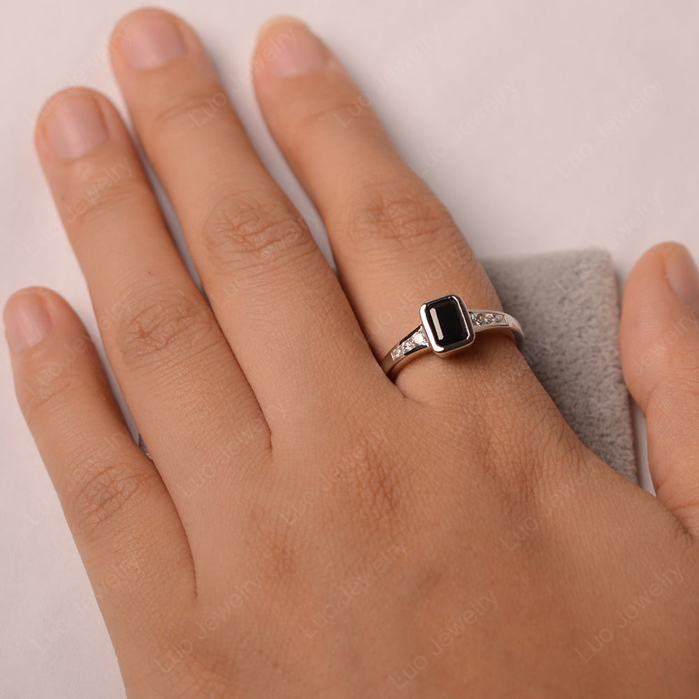Emerald Cut Black Spinel Bezel Set Ring White Gold - LUO Jewelry