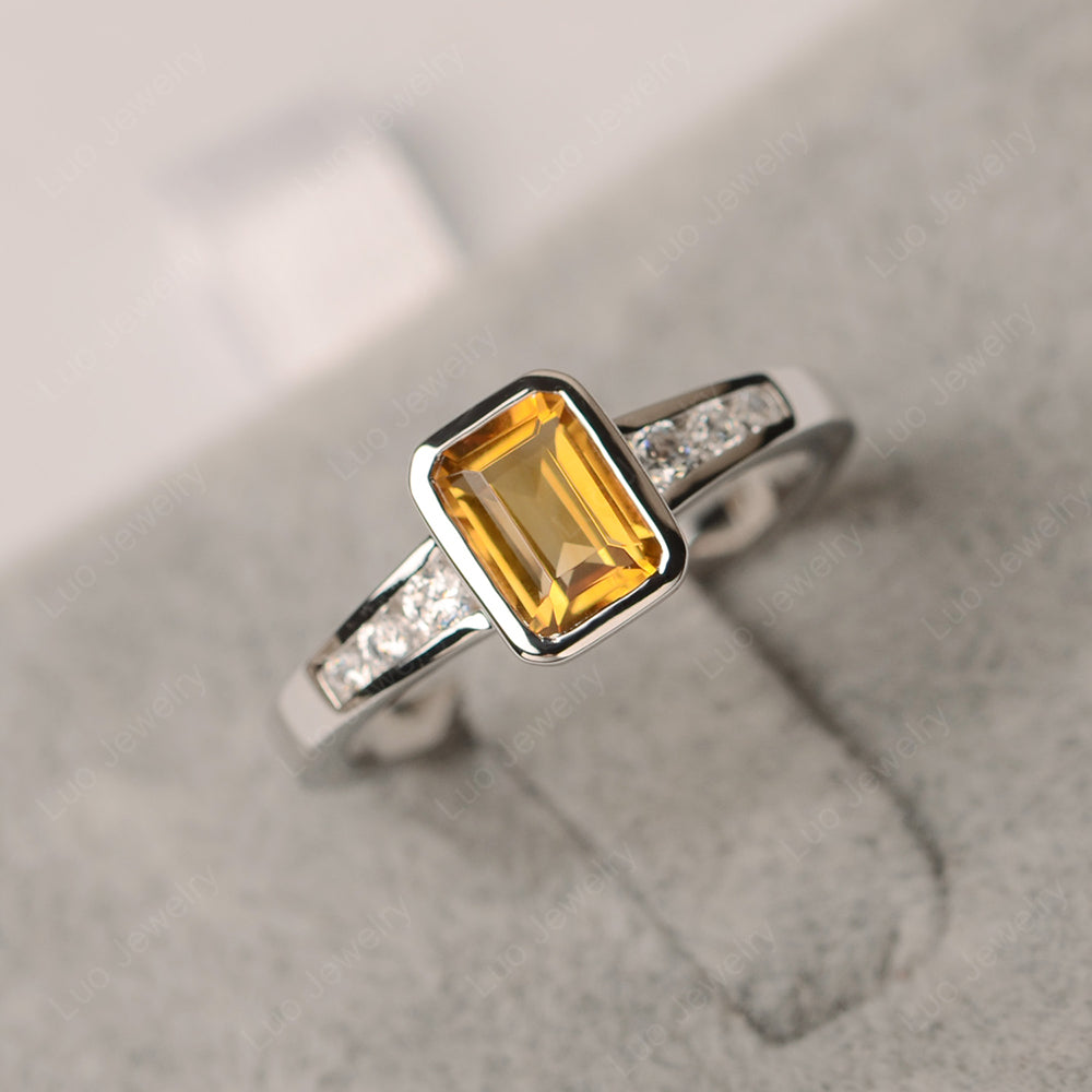 Emerald Cut Citrine Bezel Set Ring White Gold - LUO Jewelry