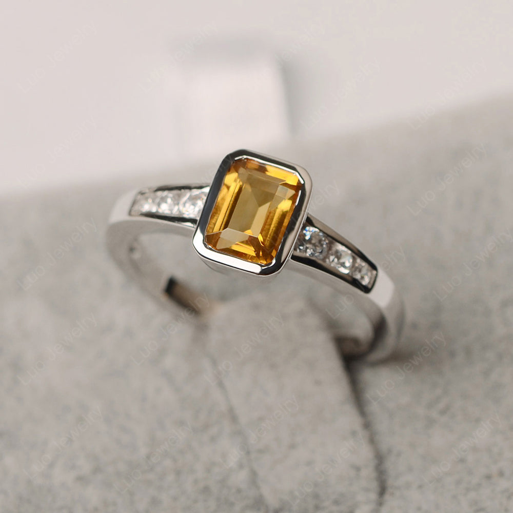Emerald Cut Citrine Bezel Set Ring White Gold - LUO Jewelry