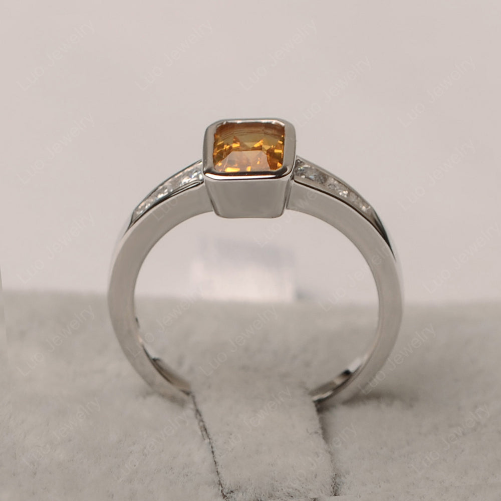 Emerald Cut Citrine Bezel Set Ring White Gold - LUO Jewelry