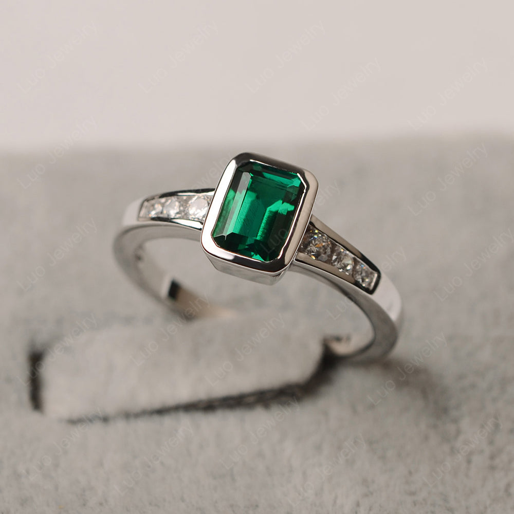 Emerald Cut Lab Emerald Bezel Set Ring White Gold - LUO Jewelry