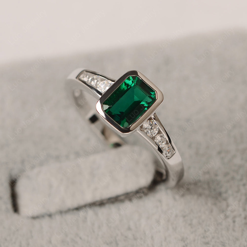 Emerald Cut Lab Emerald Bezel Set Ring White Gold - LUO Jewelry