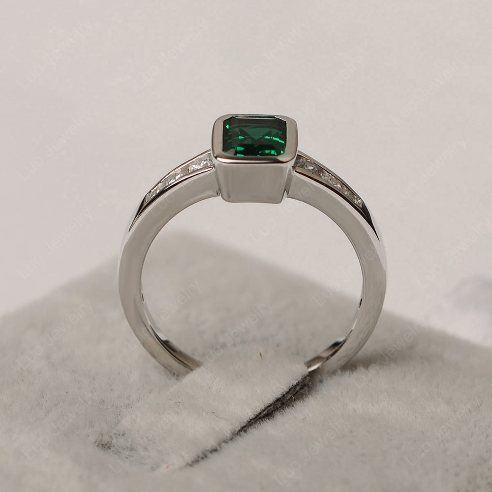 Emerald Cut Lab Emerald Bezel Set Ring White Gold - LUO Jewelry